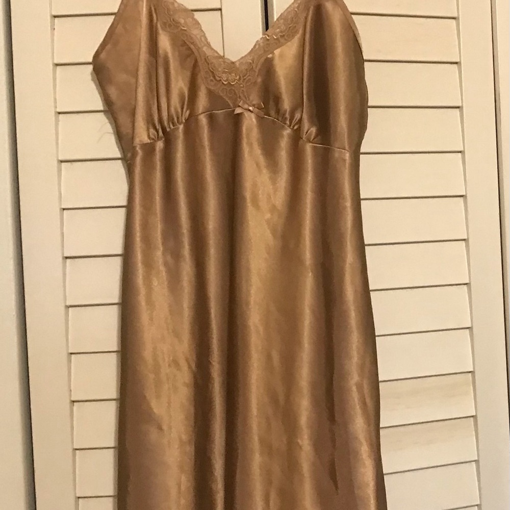 Silky BUTTERSCOTCH NEGLIGE Satin Slip Dress with Lace Trim LINGERIE